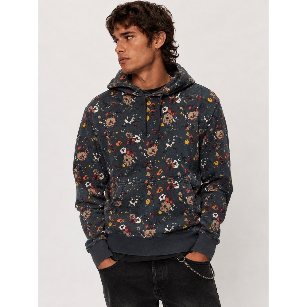 Rag & Bone Mens City Floral 100% Cotton Hoodie Navy Blue Pullover M